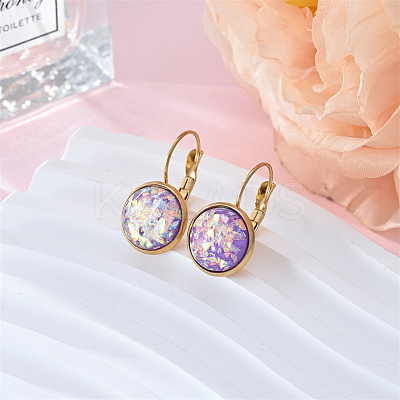 Flat Round 201 Stainless Steel Natural Shell Leverback Earrings FS-WG6391F-09-1