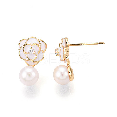 Flower Brass Natural Pearl Dangle Stud Earrings PEAR-N020-06V-1
