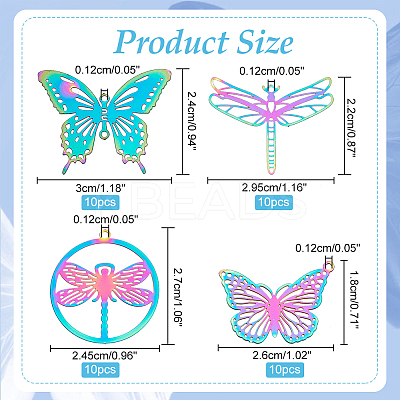40Pcs 4 Style Ion Plating(IP) 201 Stainless Steel Filigree Pendants STAS-HY0001-34-1