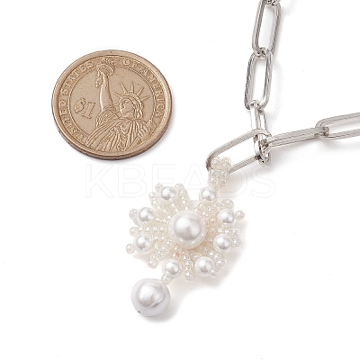 Flower Glass Seed Bead & Shell Pearl Pendant Necklaces NJEW-JN04740-1