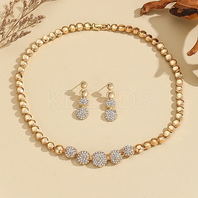 Brass Crystal Rhinestone Flat Round Link Chain Necklaces & Stud Dangle Earrings Sets for Women FS-WG8EC1E-01-1