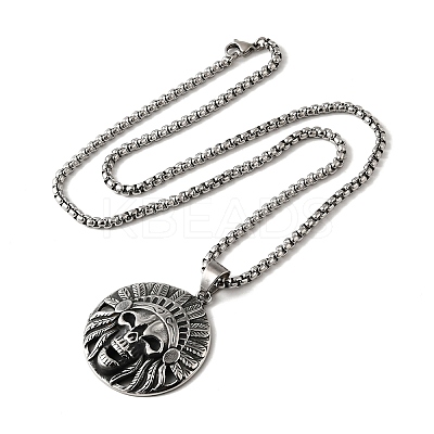 304 Stainless Steel Indian Head Skull Pendant Necklaces for Women Men NJEW-Z076-03AS-1