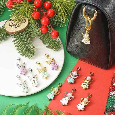 7Pcs 7 Colors Christmas Tree Handmade Porcelain & ABS Plastic Imitation Pearl Angel Pendant Decorations HJEW-FS00083-1