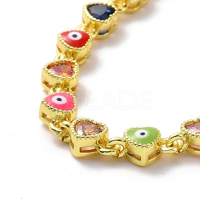 Enamel Evil Eye & Cubic Zirconia Heart Link Chain Bracelet BJEW-H555-01C-1