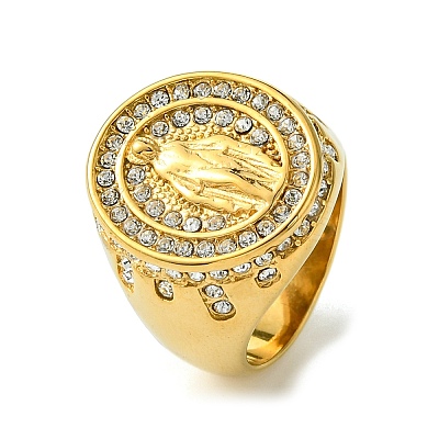 Ion Plating(IP) Oval with Saint 304 Stainless Steel Rhinestone Signet Rings RJEW-Q815-01G-M-1