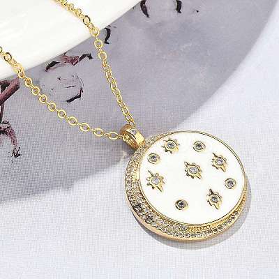 Brass Micro Pave Clear Cubic Zirconia Enamel Flat Round Moon Pendant Necklaces for Women NJEW-S449-03C-G-1