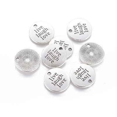 Tibetan Style Alloy Flat Round Carved Word Live Laugh Love Message Pendants TIBEP-12582-AS-RS-1