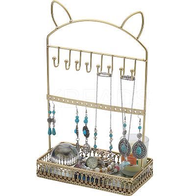 1Pc Cat Ear Iron Jewelry Organizer Display Stands with Wooden Base ODIS-SC0001-02-1