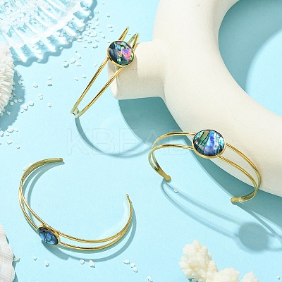 3Pcs 3 Styles Natural Abalone Shell 304 Stainless Steel Open Cuff Bangle Sets with Enamel BJEW-JB14413-01-1
