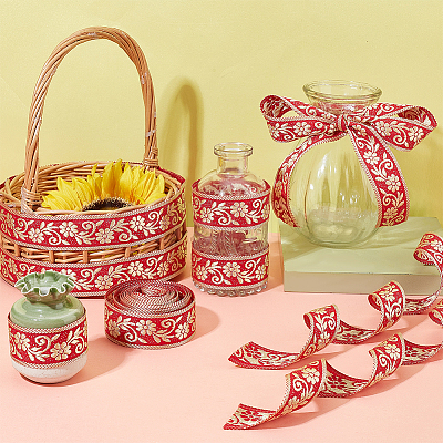 Ethnic Style Flower Pattern Polyester Ribbon OCOR-WH0047-48-1