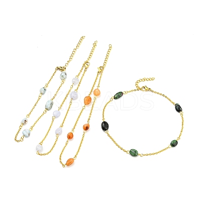 Natural Mixed Gemstone Nuggets Beaded Anklet with PVD Vacuum Plating 304 Stainless Steel Chains AJEW-Z008-04-1