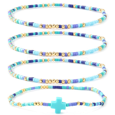 4Pcs Bohemian Summer Cross & Glass Seed Bead Beaded Stretch Bracelet Sets BE5944-8-1