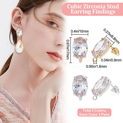 6 Pairs 2 Colors Brass Micro Pave Clear Cubic Zirconia Oval Stud Earring Findings KK-BBC0007-30-1