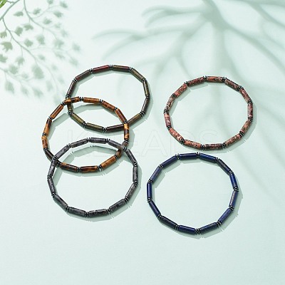Natural Gemstone Column & Synthetic Hematite Stretch Bracelet BJEW-JB08458-1
