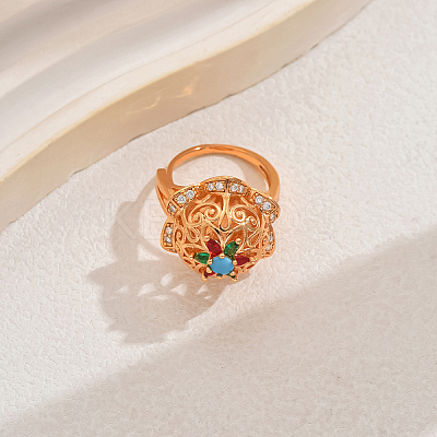 Luxury Vintage Hollow Flower Brass Cubic Zirconia Adjustable Rings for Women JN0638-3-1