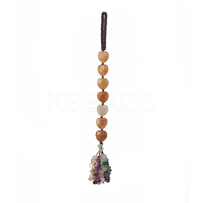Heart Natural Gemstones & Mixed Stone Chips Tassel Pendant Decorations HJEW-JM00948-1
