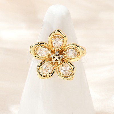 Flower Brass Micro Pave Clear Cubic Zirconia Cuff Rings RJEW-S633-02G-1