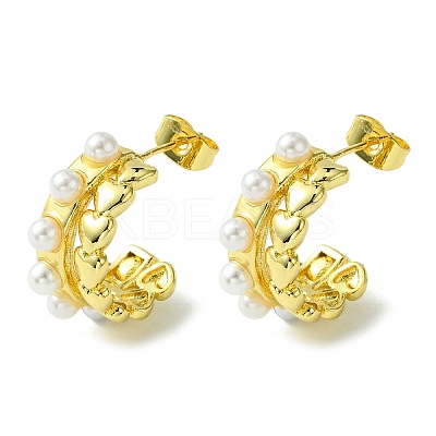 Brass Heart Stud Earrings with ABS Imitation Pearl EJEW-K267-01G-1