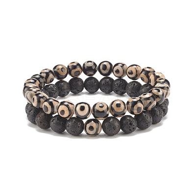 2Pcs 2 Style Natural Tibetan 3-Eye dZi Agate & Lava Rock Mala Bead Bracelets Set BJEW-JB07889-1