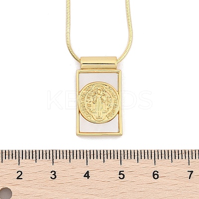Brass Pave Shell Rectangle Saint Benedict Medal Pendants Necklaces for Women NJEW-Z053-01G-01-1