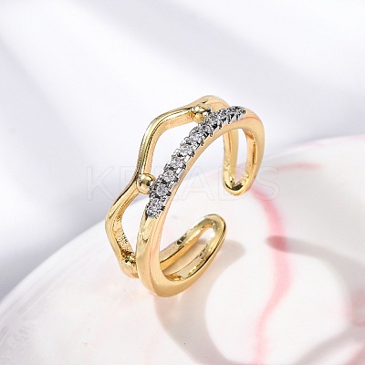Brass Micro Pave Clear Cubic Zirconia Cuff Finger Rings for Women RJEW-C116-14G-1