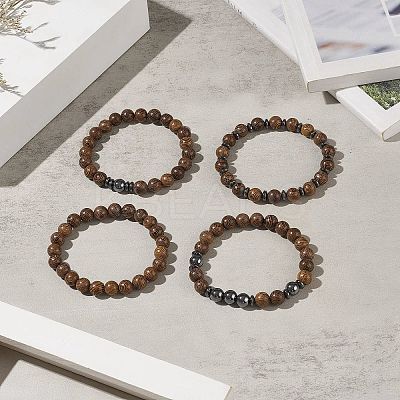 4Pcs 4 Style Natural Wenge Wood & Synthetic Hematite Beaded Stretch Bracelets Set for Women BJEW-JB09156-1