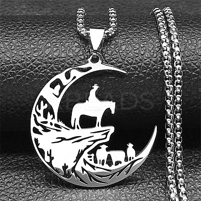 201 Stainless Steel Hollow Cut Cowboy Moon Pendant Necklaces NJEW-H065-26P-1