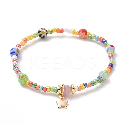 Seed & Millefiori Glass Beaded Stretch Bracelet with Brass Star Charms for Women BJEW-JB09355-1
