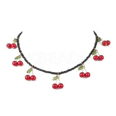 Natural Dyed Mashan Jade Red Cherry Pendant Glass Seed Beaded Necklaces for Women NJEW-TA00211-02-1