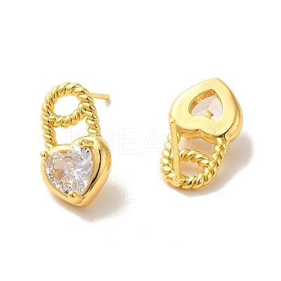 Heart Brass Micro Pave Cubic Zirconia Stud Earrings EJEW-H128-01G-1