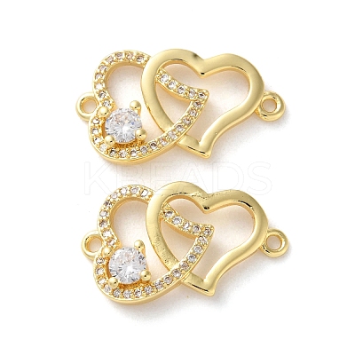 Rack Plating Brass Cubic Zirconia Double Heart Connector Charms KK-C084-32E-G-1