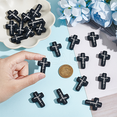 10Pcs Cross with Word Jesus Silicone Beads SIL-OC0001-21-1