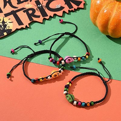 Synthetic Turquoise Skull & Wood Disc Braided Bead Bracelet for Halloween BJEW-TA00260-1