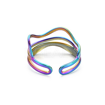 Rainbow Color 304 Stainless Steel Wave Wire Wrap Open Cuff Ring for Women RJEW-N038-047M-1