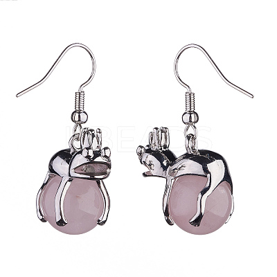 Natural Rose Quartz Frog Dangle Earrings EJEW-A092-13P-06-1