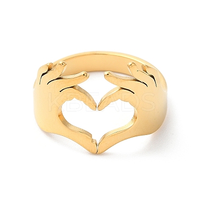 Ion Plating(IP) 304 Stainless Steel Hand Heart Open Cuff Ring for Women RJEW-K245-45G-1