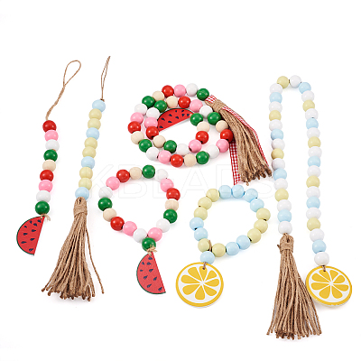 6Pcs 6 Style Wood & Fringed Beaded Pendant Decoration HJEW-CF0001-15-1
