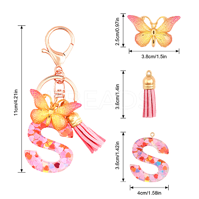 Fashion Alphabet Initial Letter Resin Keychain with Tassel Gradient Butterfly Pendant Key Ring KEYC-WH0027-105A-1
