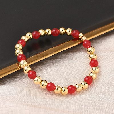Brass & Glass Round Beaded Stretch Bracelets for Women BJEW-F515-01G-1