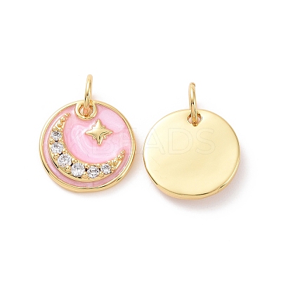Flat Round with Moon & Star Brass Micro Pave Clear Cubic Zirconia Charms KK-G435-41G-1
