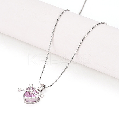 304 Stainless Steel Brass Cubic Zirconia Heart with Arrow Pendant 304 Stainless Steel Chain Necklaces NJEW-T018-07P-1