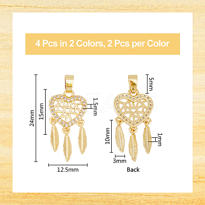 4Pcs 2 Colors Brass Micro Pave Clear Cubic Zirconia Pendants KK-DC0003-38-1