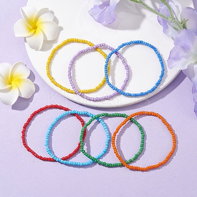 7 PCS Rainbow Style Glass Seed Beads Bracelets Sets for Women BJEW-JB10065-02-1
