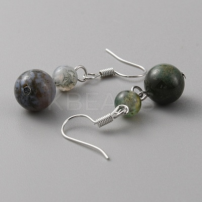Natural Agate Round Beaded Dangle Earrings EJEW-WH0001-11J-1