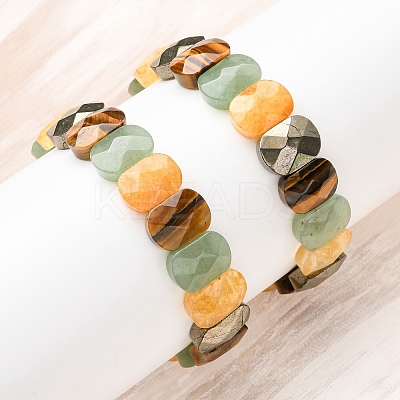 Oval Natural Pyrite & Green Aventurine & Tiger Eye & Quartz Crystal Beads Stretch Bracelets for Unisex BJEW-Z149-05B-1
