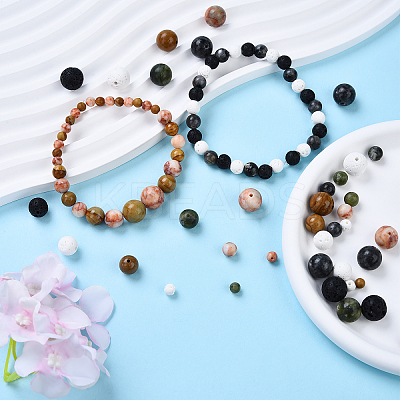 Natural Red Netstone & Taiwan Jade & Lava Rock & Wood Lace Stone & Larvikite Round Bead Sets G-YW0002-20-1