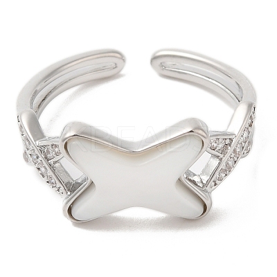 Natural Shell Criss Cross Open Cuff Ring with Cubic Zirconia RJEW-G288-05P-1