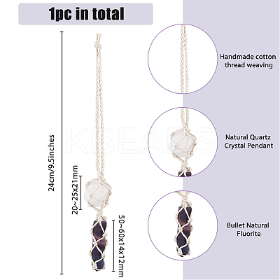 Bullet Natural Fluorite & Natural Quartz Crystal Pendant Decoration HJEW-PH01829-1