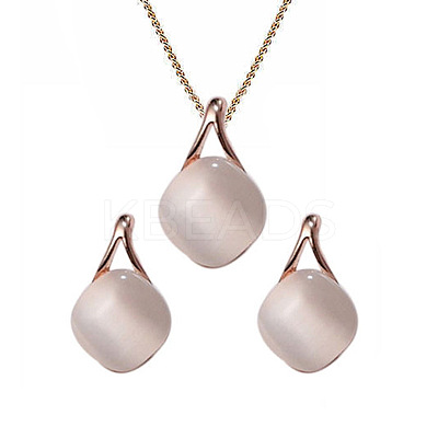 Rhombus Alloy Cat Eye Pendant Necklaces & Stud Earrings Sets for Women FS-WGD2AB8-01-1