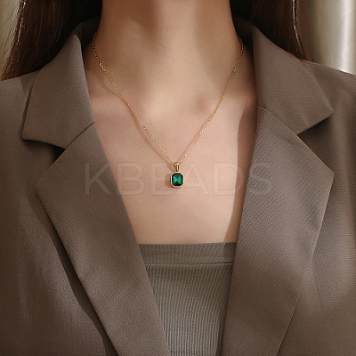 Glass Rectangle Pendant Necklace with Golden Stainless Steel Chains ZR6442-1